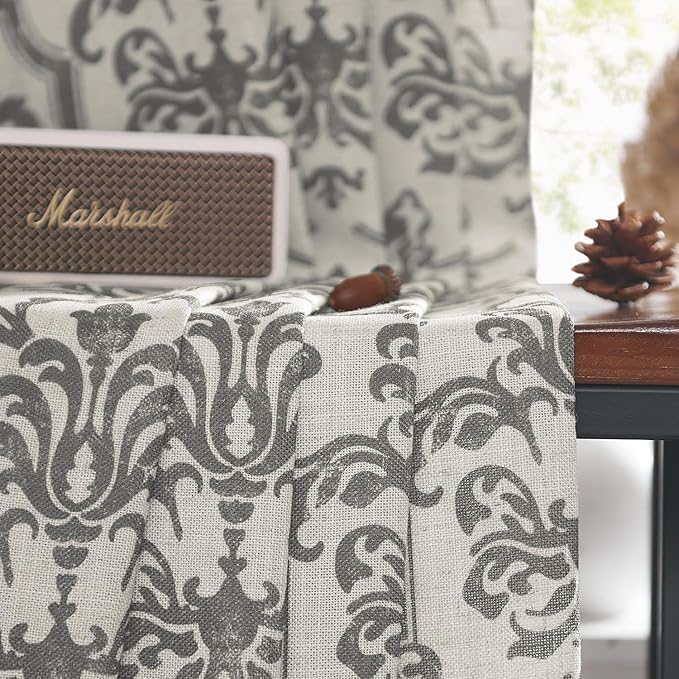 Jinchan Linen Curtains for Bedroom and Living Room - Grey Damask Patterned, 90 Inches Long, Light Filtering, Vintage Baroque Style Drapes With Grommets - 2 Panels Set