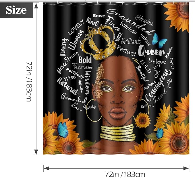 Aimego African American Shower Curtains Black Girl Woman with Sunflower Butterflies Farmhouse Shower Curtain Set with 12 Hooks for Bathroom Decor Accessories Bathtub Curtain, 72"x72"