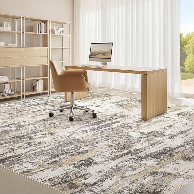 Area Rugs for Living Room: 10x14 Abstract Washable Rug Modern Neutral Large Soft Stain Resistant Non-Slip Backing Machine Table for Bedroom Dining Room Indoor Home Office Carpet - Gold Brown