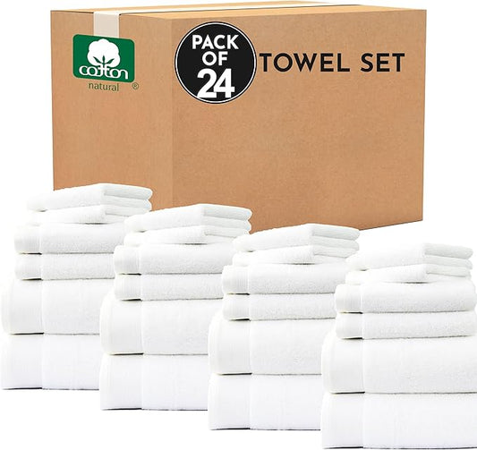 California Design Den Bulk Pack of 24 Pc Towel Set - 100% Cotton, Quick-Dry, Highly Absorbent, Includes 8 Bath Towels, 8 Hand Towels & 8 Washcloths, Premium Towels for Hotel, Spa & Bathroom (White)
