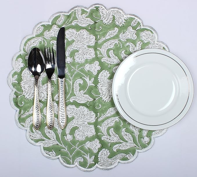 Ridhi Bo-ho Round Place Mat Double Layer Floral Cotton Washable Placemats 15" Round Embroidery Block Print Table Mat (Pack of 4-15 Inch Round, Sage Green)
