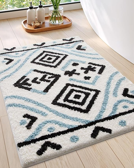 LUMI Bathroom Rugs 20x32, Highly Absorbent Non Slip Machine Washable Floor Mat, Ultra Soft Fluffy Plush Bath Mat for Bathtub Bathroom Shower Home Decor(Blue Black White)