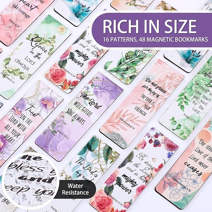 Zonon 48 Pcs Bible Verse Magnetic Bookmarks, Inspirational Scripture Christian Book Markers Religious Motivational Encouragement Flower Page Clips Presents for School Supplies (Stylish Style)