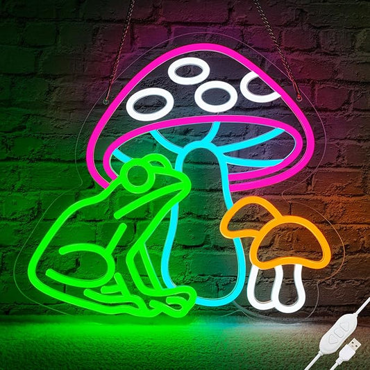 Mushroom Frog Neon Sign Colorful Mushroom Neon Light Frog Neon Sign, USB Powered Dimmable LED Cute Neon Signs for Wall Décor Kids Room, Perfect Gifts for Birthday, Christmas(14.5*13inches) ﻿