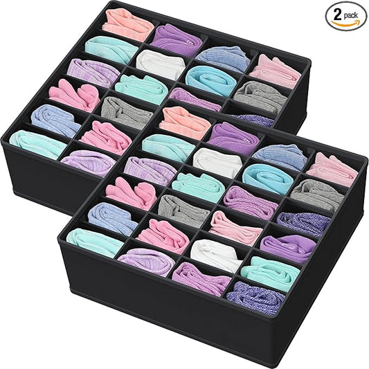 Simple Houseware 2 Pack Closet Sock Organizer, 24 Cell Drawer Divider, Black
