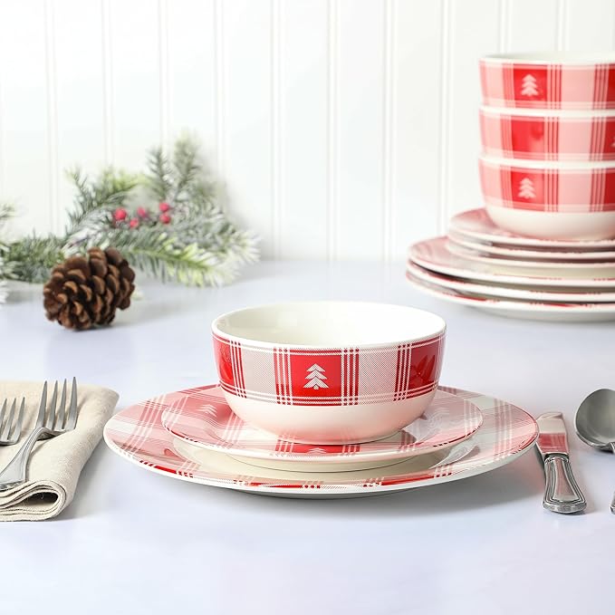 Martha Stewart Plaid Decorated Red and White Stoneware Dinnerware Set, Service for 4 (12pcs)