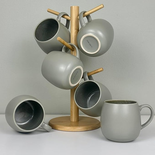 Ceramic Coffee Mugs Set of 6, 14oz - Modern Scandinavian Aesthetic Cup- Microwavable Stoneware Coffee Cups with Comfortable Handle - Tea Mug Set for Latte, Cappuccino, Soup - Soft Sage Green