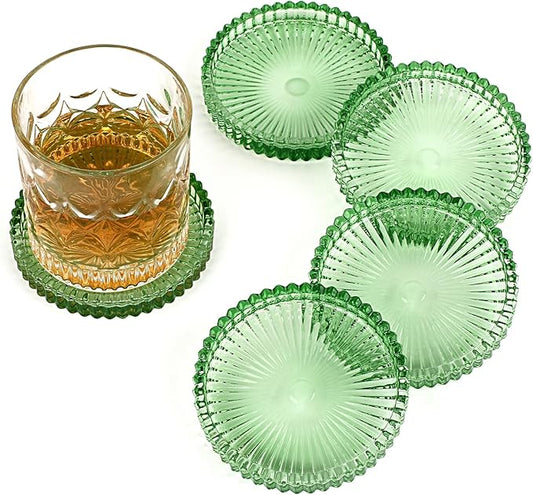Modern Clear Coaster Set of 5- Glass Coasters for Drinks Crystal Coasters Round Cup Coasters Coffee Table Decor for Office, Kitchen, Bar, Dining Room, Living Room, Patio(Clear Green)