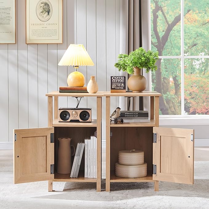Farmhouse Nightstand Set of 2, End Table with Charging Station, Rustic Side Table w/Barn Door & Open Shelves, Bedside Table w/Storage Space and Storage Cabinet for Bedroom, Living Room (Natural)