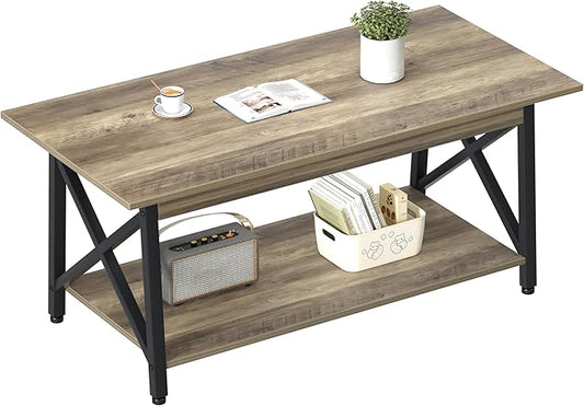 GreenForest Coffee Table with Storage, 39inch Modern 2-Tier Coffee Tables for Living Room, X-Frame Design Farmhouse Coffee Table Space Saving Living Room Small Tables, Easy Assembly, Grey Wash