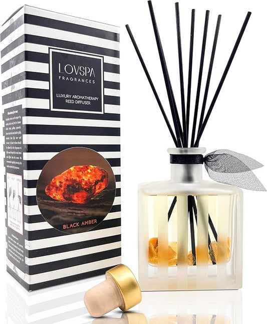 LOVSPA Black Amber Essential Oil Reed Diffuser Gift Set | Rich Amber, Sandalwood, Citrus & Exotic Florals | Modern Home Décor Room Fragrance Scent | Modern Striped Glass Bottle | Made in The USA