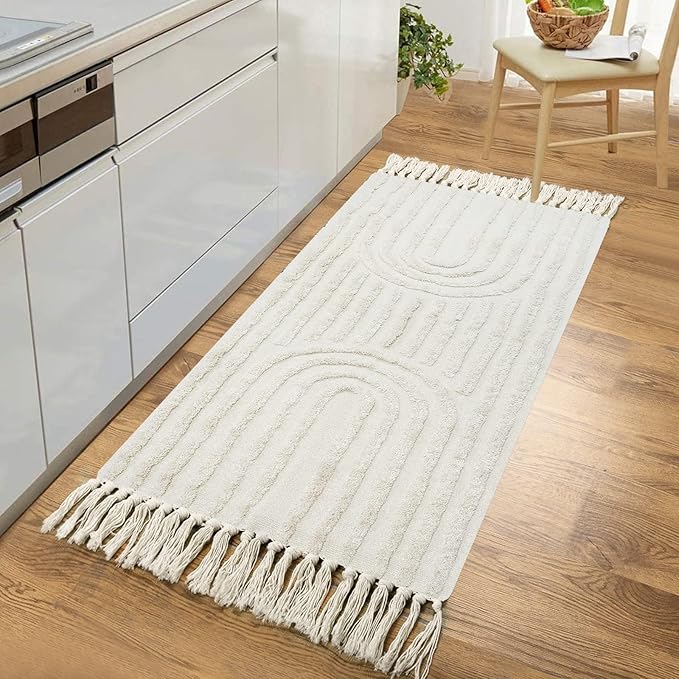 LEEVAN Boho Kitchen Runner Rug 2'x4' Cotton BlendLaundry Room Beige Rainbow with Tassels Washable Farmhouse Bathroom Bohemian Rugs for Bedroom Hallway Throw Runner Rug/Kitchen Sink