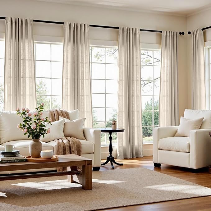 jinchan Linen Blend Curtains 84 inch Length 2 Panels for Bedroom Living Room, Light Filtering 50 inch Wide Farmhouse Drapes with Rod Pocket Back Tab(50W x 84L, Oat)