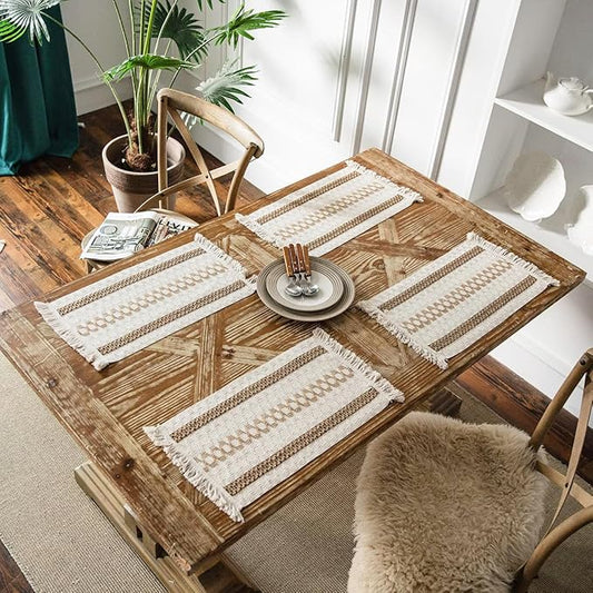Boho Placemats Set of 4, Burlap Woven Placemat 12x19 Inches, Splicing Woven Rectangular Table Mats, Farmhouse Style Kitchen Table Decor for Rustic Wedding Bridal Shower