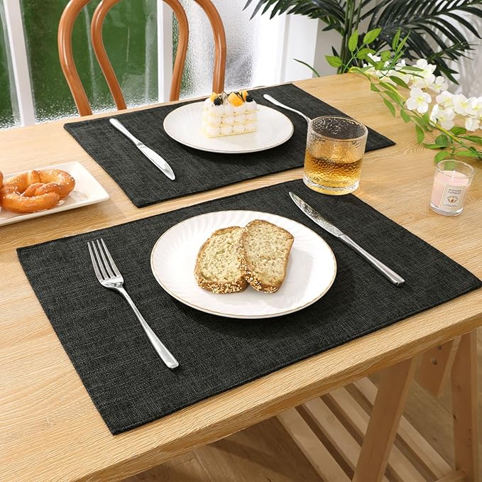 SHACOS Washable Woven Fabric Placemats Set of 6 Heat Resistant Place Mats Non Slip Thick Cloth Placemats Reversible Table Mats Indoor Outdoor Home Wedding Table Decor, Black