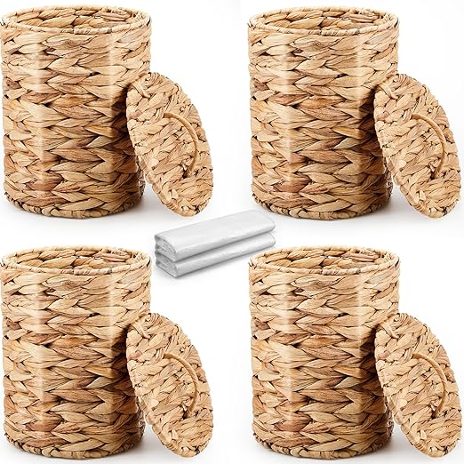 Ctosree 4 Pcs 1.3 Gallon Small Wicker Trash Can with Lid Rattan Trash Can Woven Waste Basket Bathroom Boho Basket Garbage Bin with 200 Pcs Bags for Bedroom Bathroom Office Garbage Living Room Kitchen