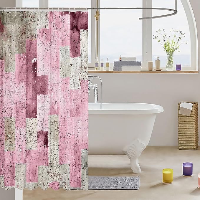 Feelyou Kids Geometric Pink Bath Curtain Geometry Bathroom Shower Curtain Set Checkered Shower Curtain Boys Girls Modern Art Teens Bathroom Accessories Room Decor 72"x78"