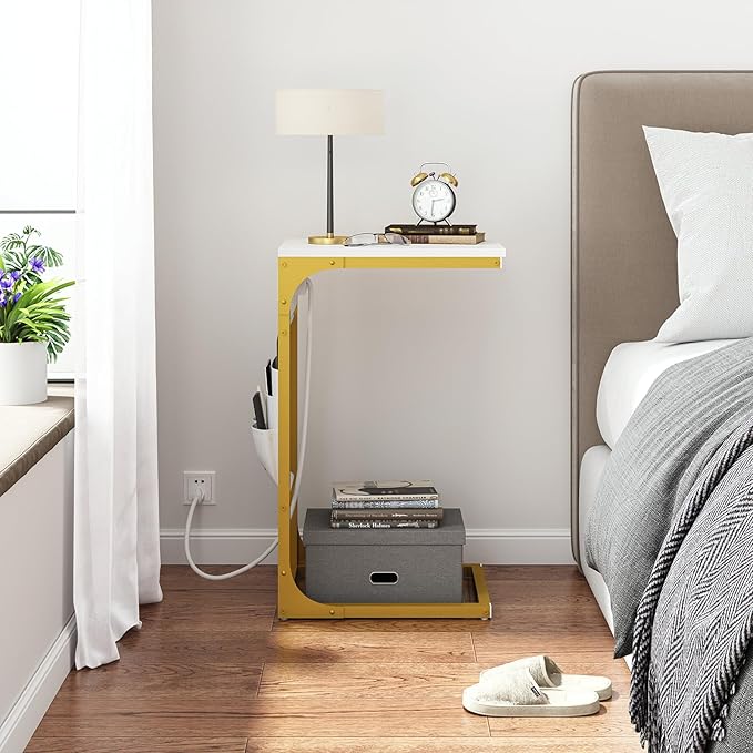 TUTOTAK C Shaped End Table with Charging Station, Side Table for Sofa, Couch Table with Storage Bag, Set of 2, TV Tray Table with 2 USB Ports and Outlets for Living Room, Bedroom, TB01BWG0242