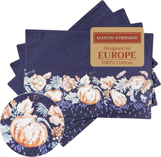 Maison d' Hermine Placemats Set of 4 100% Cotton Washable Cloth Place Mats, Reusable Table Mats for Kitchen Dining Decoration, Party, Wedding, Restaurant (Pumpkin Blues, 13" x 19")