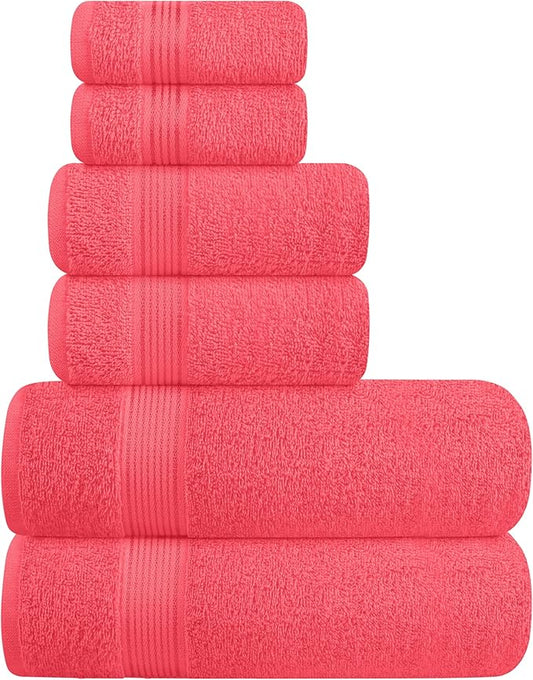 Belizzi Home Ultra Soft 6 Pack Cotton Towel Set, Contains 2 Bath Towels 28x55 inch, 2 Hand Towels 16x24 inch & 2 Wash Coths 12x12 inch, Ideal for Everyday use, Compact & Lightweight - Coral Orange