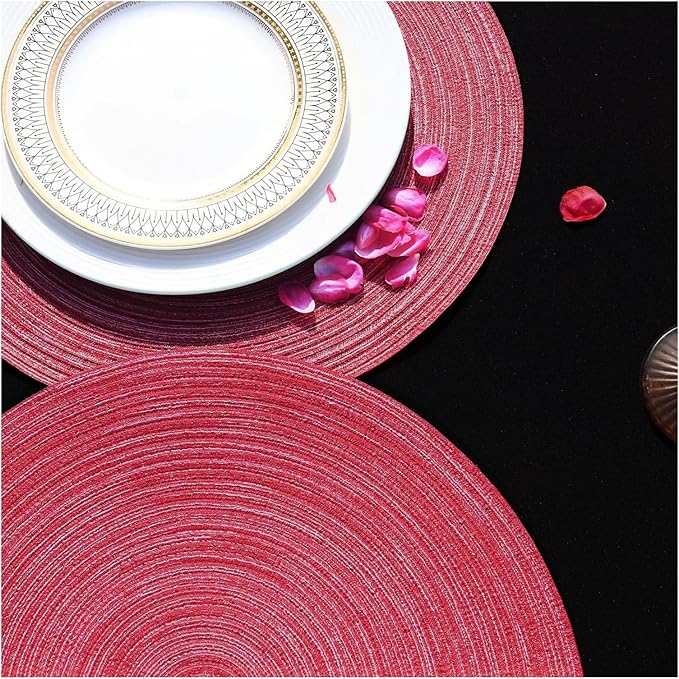 FunWheat Round Braided Placemats Set of 8 Place mats for Dining Tables Woven Heat Resistant Table Mats 15 inch(Raspbreey Wine,8pcs)