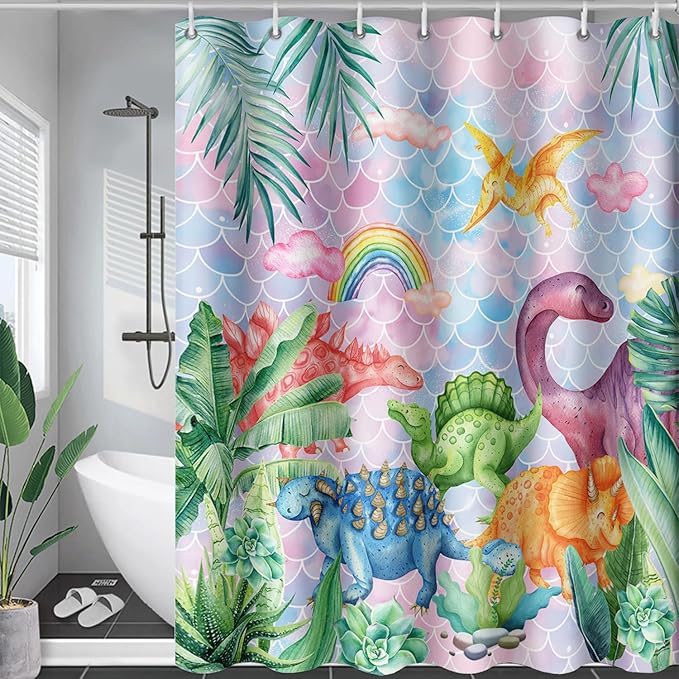 AILONEN Girls Dinosaur Shower Curtain 36" W*72" H for Bathroom,Cute Dinosaur Bathroom Shower for Kids Girls,Cartoon Dinosaur Rainbow Bath Curtain Polyester Waterproof Shower Curtain with Hooks