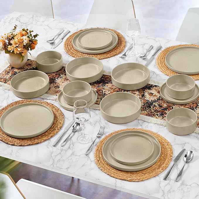 Herogo 24 Piece Dinnerware Sets with Double Bowls, Stoneware Plate and Bowls Set for 6, Ceramic Dinner Dishware for Kitchen Dining, Microwave & Dishwasher Safe, Speckled Khaki
