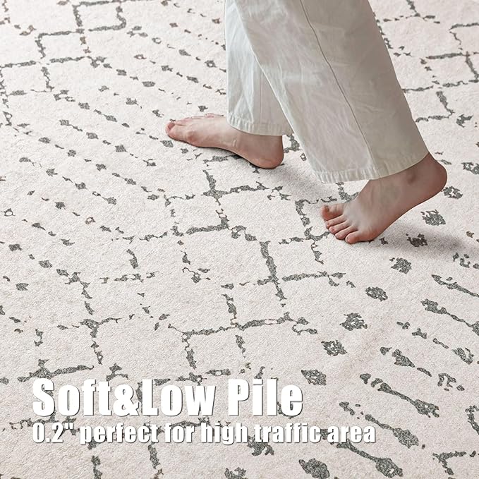 Deerly Area Rug 6x9 Living Room Distressed Area Rugs, Non Slip Washable Rugs Large Moroccan Boho Farmhouse Rug for Bedroom Dining Room, Neutral Low Pile Indoor Floor Carpet, Off White/Grey