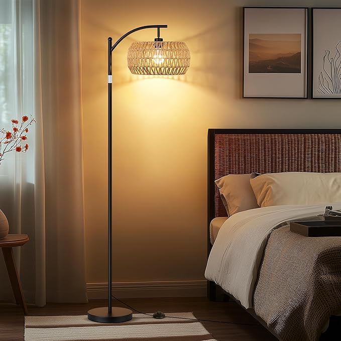 ROTTOGOON Boho Floor Lamp with Dimmable Bulb, Rattan Shade, Boho Standing Tall Lamps with Foot Switch, Black Bohemian Floor Lamps for Living Room, Bedroom, Office