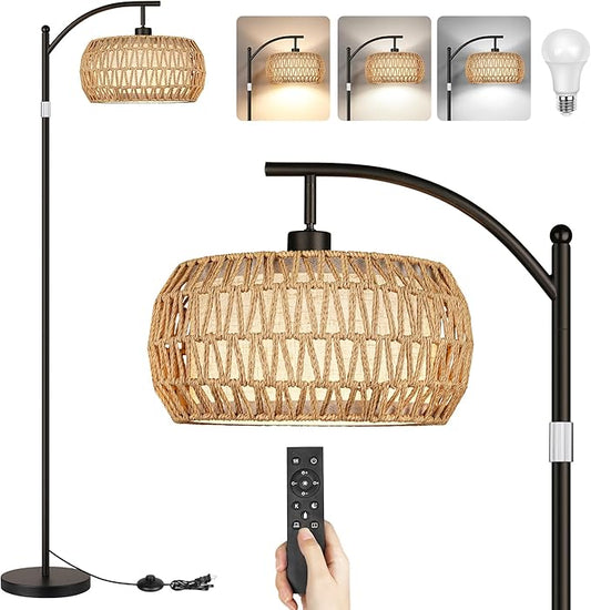 Boho Floor Lamp with Dimmable Bulb, Rattan &Linen Double Shades, Boho Standing Tall Lamps with Foot Switch, Bohemian Floor Lamps for Living Room, Bedroom, Office