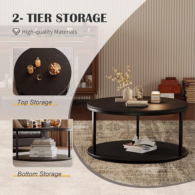 JUMMICO 36" Coffee Tables with Storage, 2-Tier Round Coffee Table, Center Table for Living Room, Furniture for Small Spaces, Black