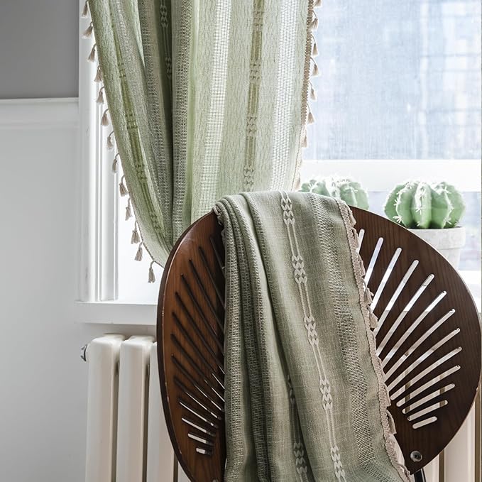 ColorBird Sage Curtain 84 inch Length, 2 Panels Farmhouse Linen Curtains for Living Room, Light Filtering Embroidered Curtains & Drapes for Dining Bedroom Nursery Doorways