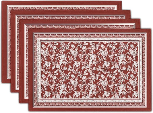 Red Placemats Set of 4，Vintage Chinoiserie Flower Branches Place Mats Heat Resistant Dining Table Mats 12 x 18 Inch Non-Slip Washable Desk Mats for Party Kitchen Dining Decoration