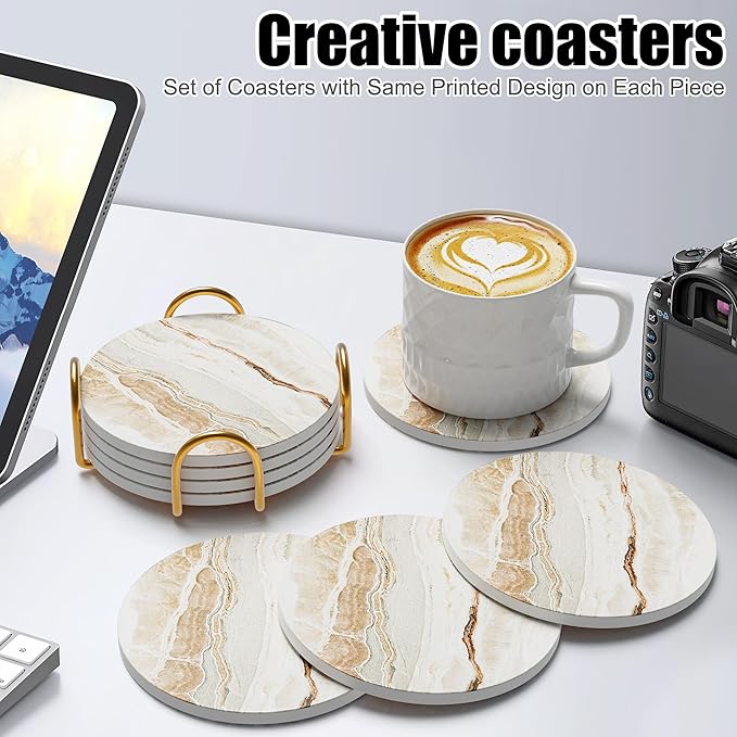 Coasters for Drinks Set of 4, Absorbent Marble with Metal Golden Holder, Ceramic Coaster Set Cup Mat for Home Decor, Bar, Kitchen, Party