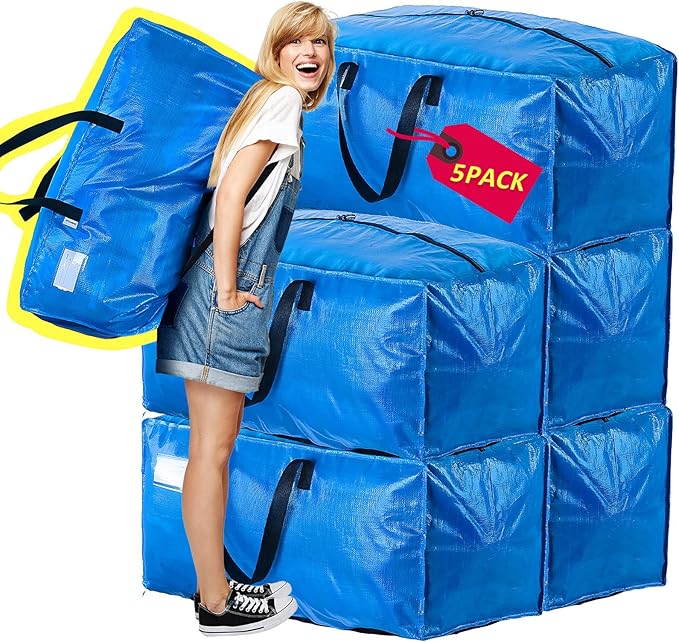 AlexHome Heavy Duty,Extra Large Packing Bags for Moving,Reusable Plastic Moving Totes,Clothes Storage Containers,Moving Supplies Bins,Compatible with Ikea Frakta Cart (Blue,Set of 5)