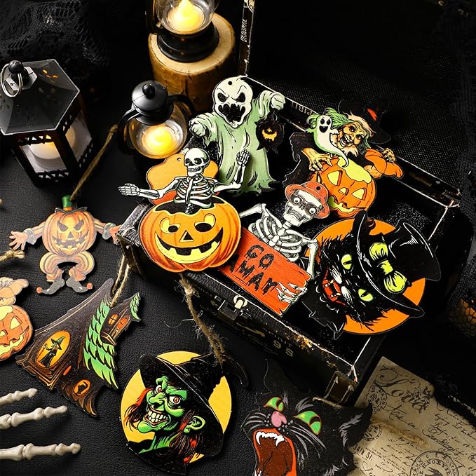 Huwena 36 Pcs Halloween Wood Ornament for Tree Vintage Ornaments Wooden Halloween Hanging Decorations Pumpkin Witch Black Cat Wood Cutouts with Ropes for Home Party Decor(Skeleton)