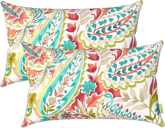 LVTXIII Outdoor Lumbar Pillow Covers 12 x 20 Inch, Patio Fluffy Pillow Cases ONLY, 2 Pack Water-Repellent Lumbar Cushion Cases for Home Patio Garden Sofa Bed Furniture Ornament, Pretty Paisley
