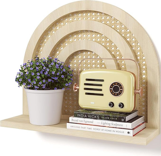 Rattan Wall Arched Shelf - Boho Nursery Decor, Woven Natural Wood Wicker, 15''L Neutral Handcrafted, Rainbow Decorative for Living Room, Bedroom & Bathroom