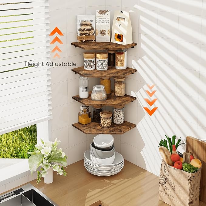 Homode Corner Shelf Wall Mount, Set of 4 Floating Corner Shelves with Cord Hole for Cable Box, Wood Corner Hanging Shelves for Bathroom Bedroom Kitchen, Rustic Brown