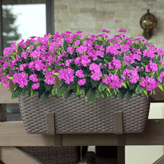 15.7”Spring Decorations for Home Flowers Fake Plants Fake Flowers Artificial Impatiens Bouquet Flowers for Outdoors Silk Faux Flowers Impatiens Plants Decor Indoor Planters 8PCS (Purple)