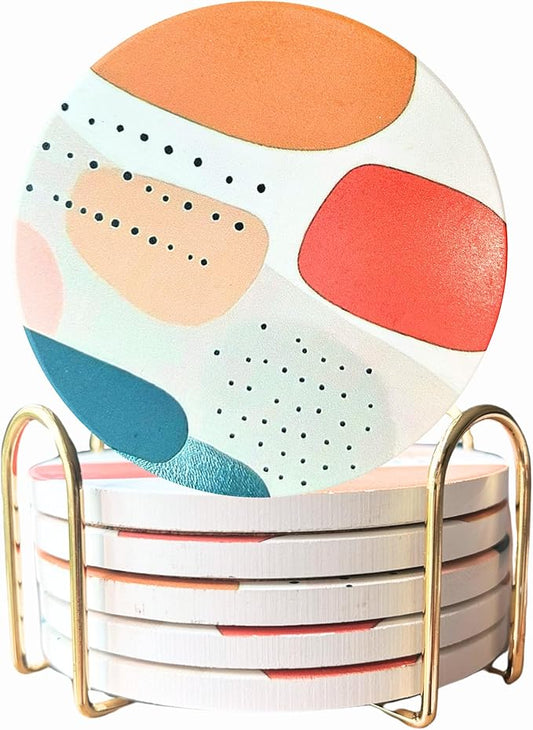 Ceramic Absorbent Coasters Set of 6 with Holder, Marble Drink Coasters for Coffee Table, Water Absorbing Coaster (Nordic)