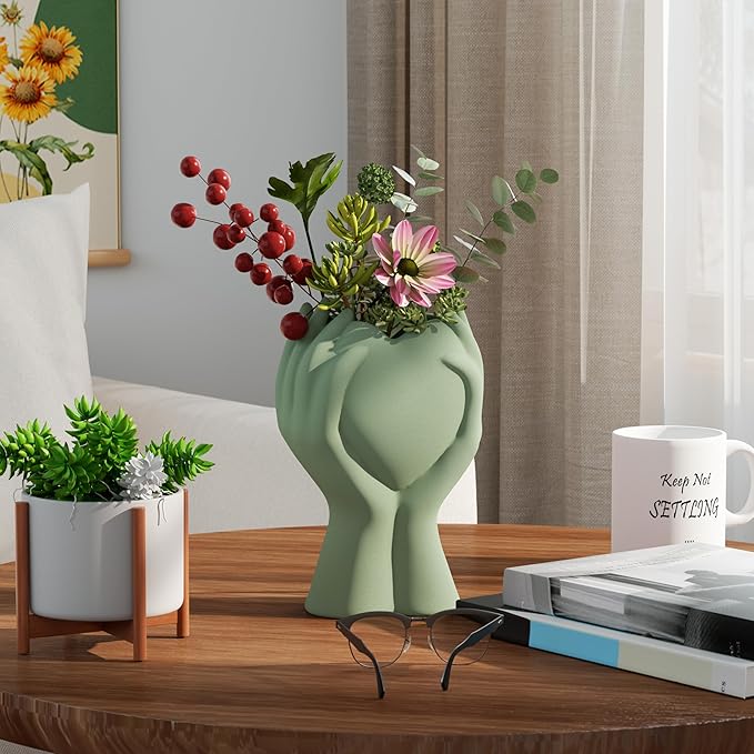 8 Inch Heart Hand White Ceramic Vase - Unique Modern Aesthetic Flowers Vase for Living Room Bedroom Office Kitchen Table Centerpiece or Shelf Decor - Gifts for Wedding Bridal Shower Women Mom (Green)