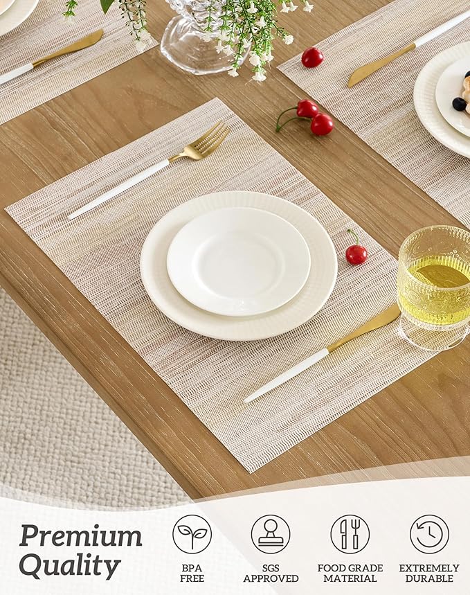 Leetaltree Lightsteel Beige with Yellow Placemats Set of 12 - Heat Resistant Non-Slip Place mats for Dining Table, Washable Durable PVC Vinyl Woven Table Mats (Lightsteel Beige with Yellow, 12)