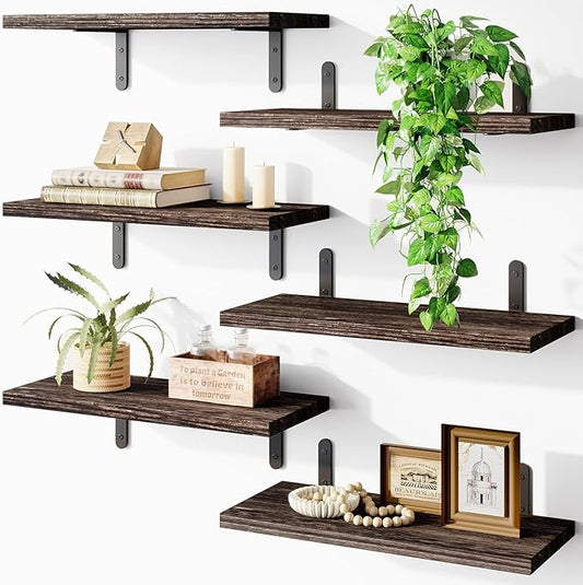 Fixwal Wood Floating Shelves - Set of 6, Wall Mounted, Farmhouse Style for Bedroom & Bathroom