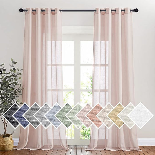 NICETOWN Linen Textured Semi Sheer Bedroom Curtains, Grommet Top Flew to Floor Thick Semitransparent Window Treatment Privacy Light Reducing for Nursery, W52 x L96, Dusty Blush, 2 Panels