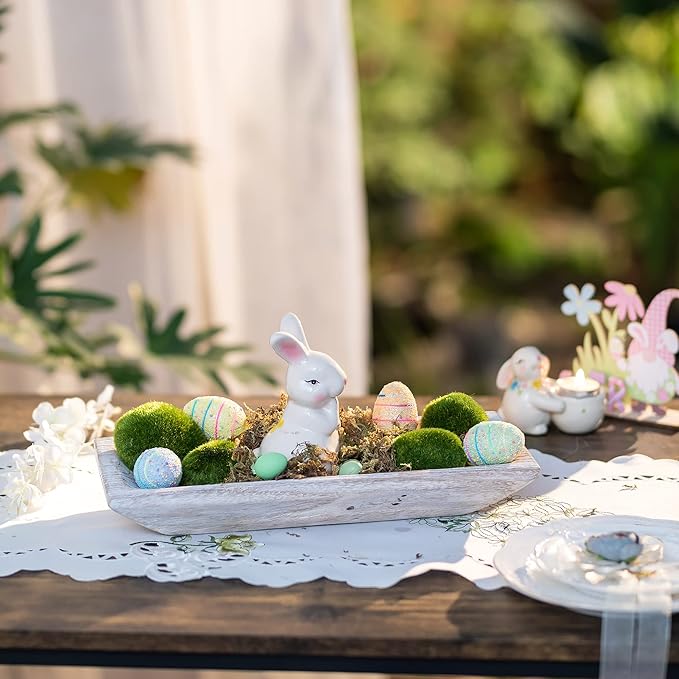 Hanobe Decorative Wood Dough Bowl: Long Wooden Centerpiece Table Decorations Natural Candle Holder Tray Decor Rustic Unfinished Trough Centerpieces for Dining Room Kitchen, White