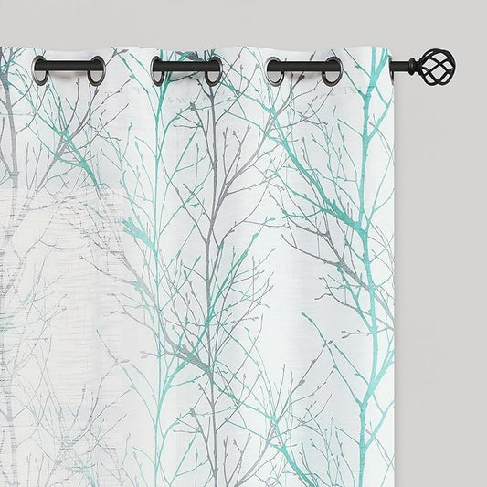 FMFUNCTEX Linen Semi Sheer Curtains for Bedroom, Auqa Blue White Curtains 96 Inches Long for Living Room, Grey Tree Branch Patterned Curtain Light Filtering Window Drapes, Grommet Top 2 Panels