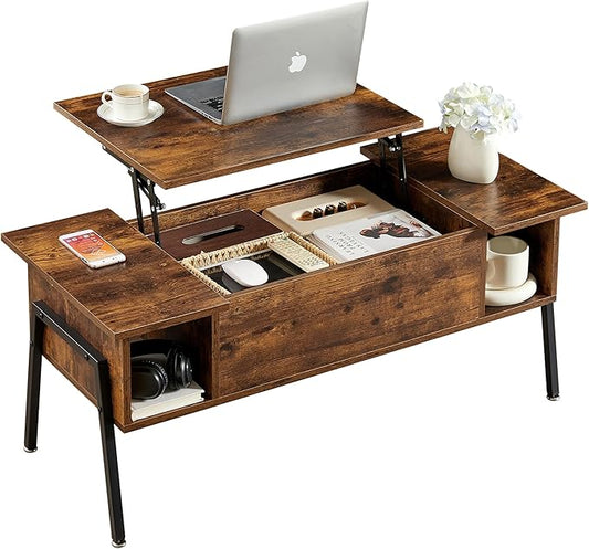 VECELO Wood Lift Top Coffee Table with Hidden Compartment and Storage Shelf for Living Room/Office Reception, Rising Tabletop, Brown