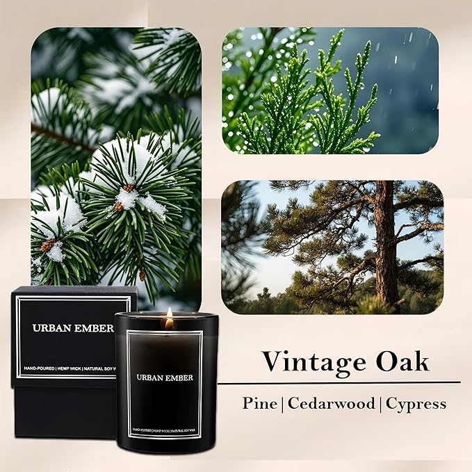 Vintage Oak Scented Candle, Aromatherapy Candle for Home Scented - 55 Hours Long Lasting Soy Wax Candle - Strong Fragranced Black Candle Gift for Women & Men, 8 oz