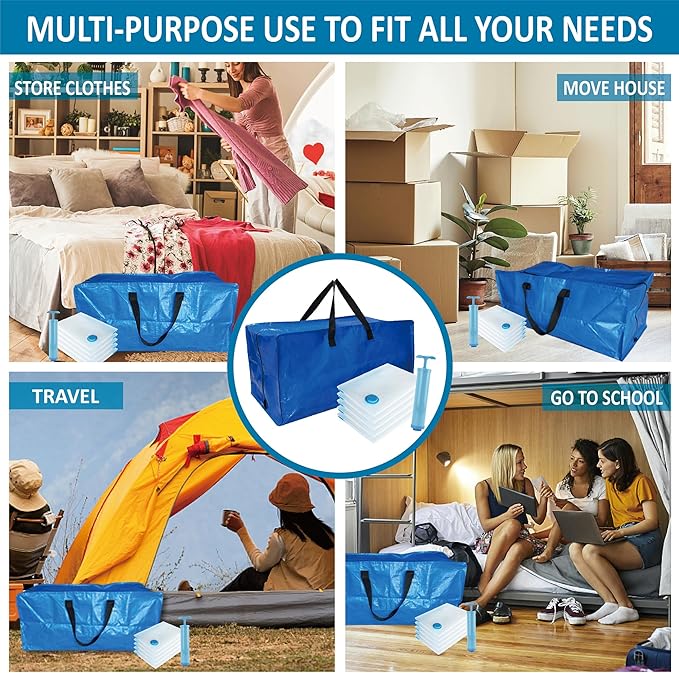 10 Pack Heavy Duty Extra Large Moving Bags with Backpack Straps & Vacuum Storage Supply Combo, Totes Handles Zippers for Space Saving, Fold Flat, Includes Bags, Blue, (HEV10)